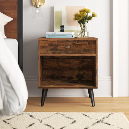 1 - Drawer Nightstand with Drawer and Open Compartment, Solid Wood Legs