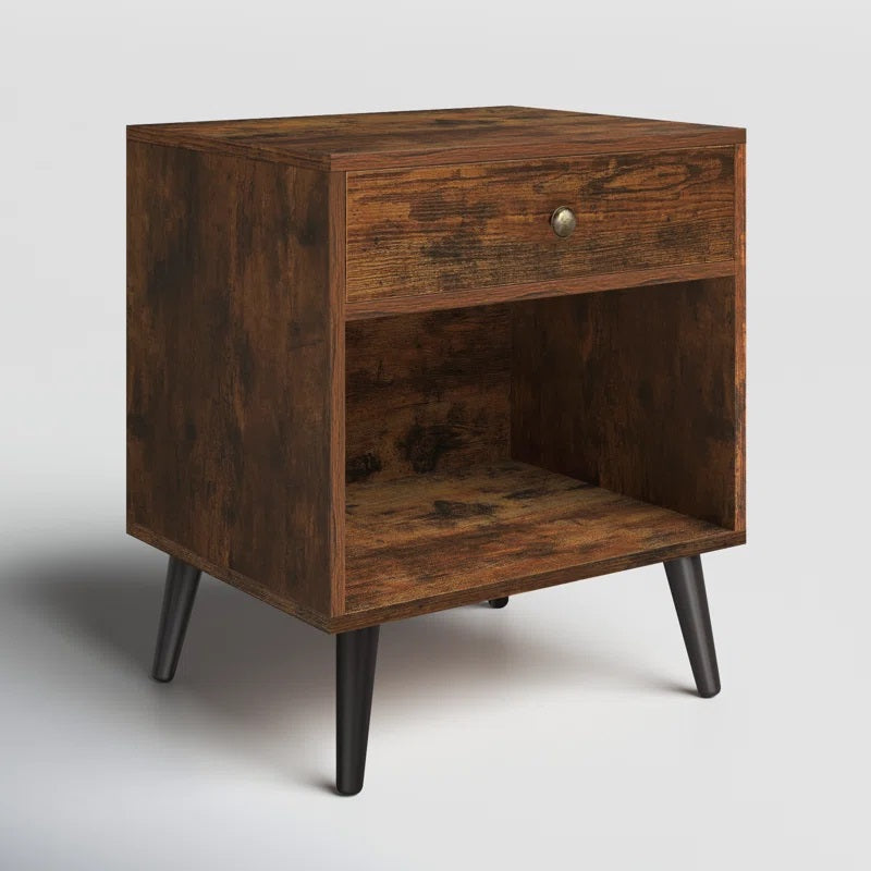 1 - Drawer Nightstand with Drawer and Open Compartment, Solid Wood Legs